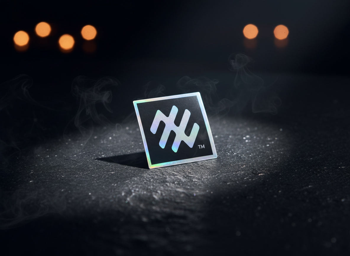 Sticker with a logo on a dark surface with blurred lights in the background